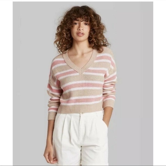 Womens Wild Fable Tan Pink Stripe V Neck Sweater NWT size small - Picture 1 of 7